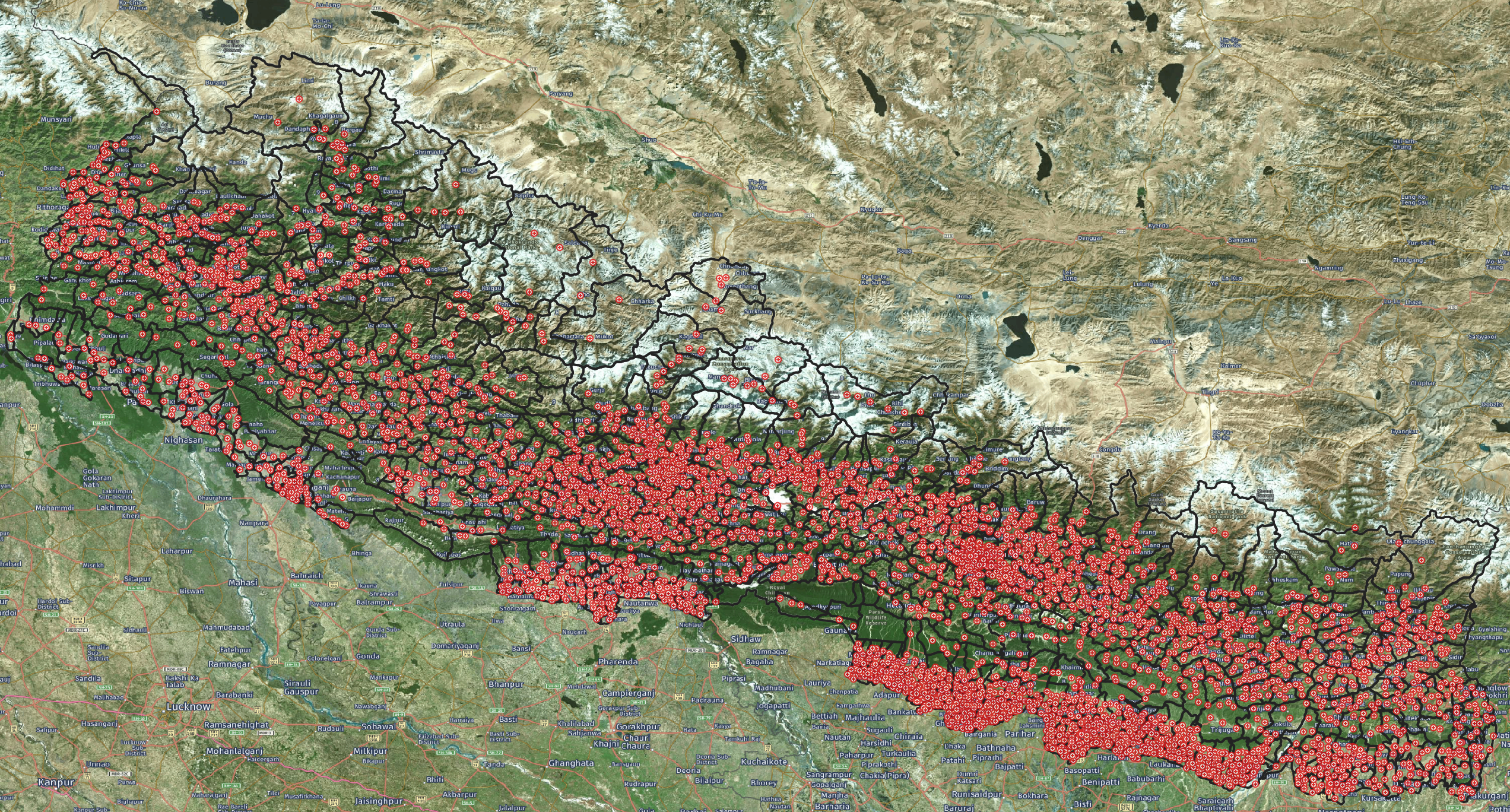 Map of Nepal showing health facilities